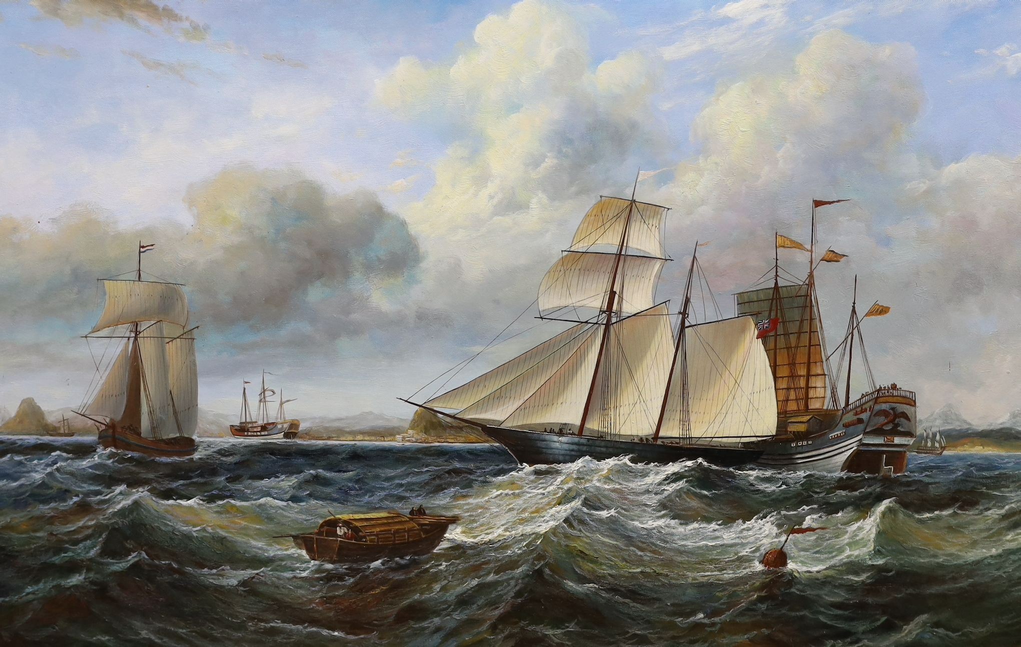 Modern oil on canvas, British schooner and junks off the coast of China, 60 x 90cm